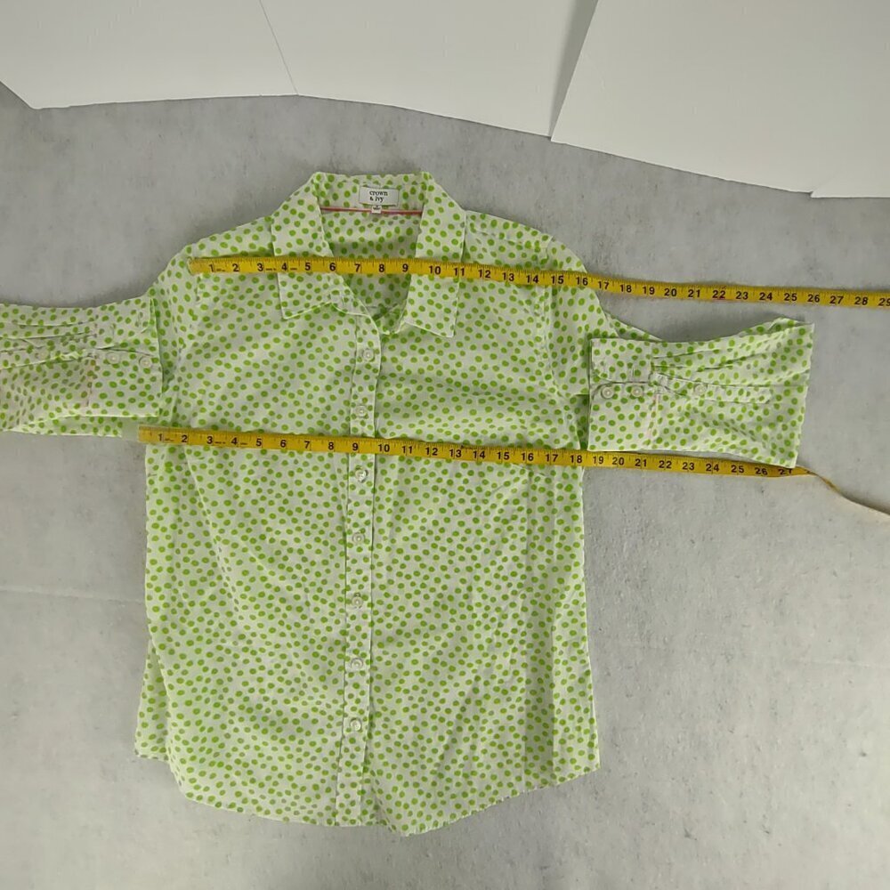 Crown & Ivy 100% Cotton, Green & White Polka Dot Print Button Down Shirt Small - Picture 8 of 13